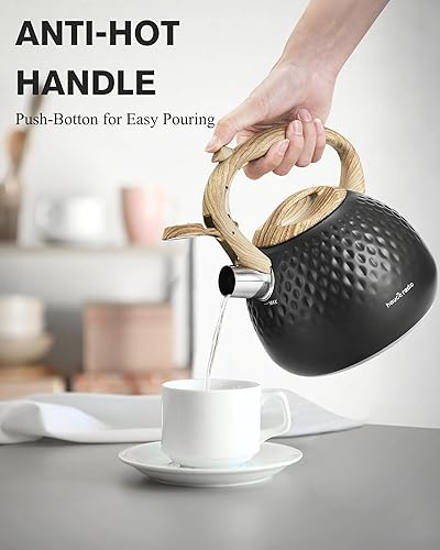 Miniatura 6 de Tetera negra, 2.7 cuartos de galón, silbato fuerte, acero inoxidable de grado alimenticio y mango de madera lisa, aspecto sofisticado para