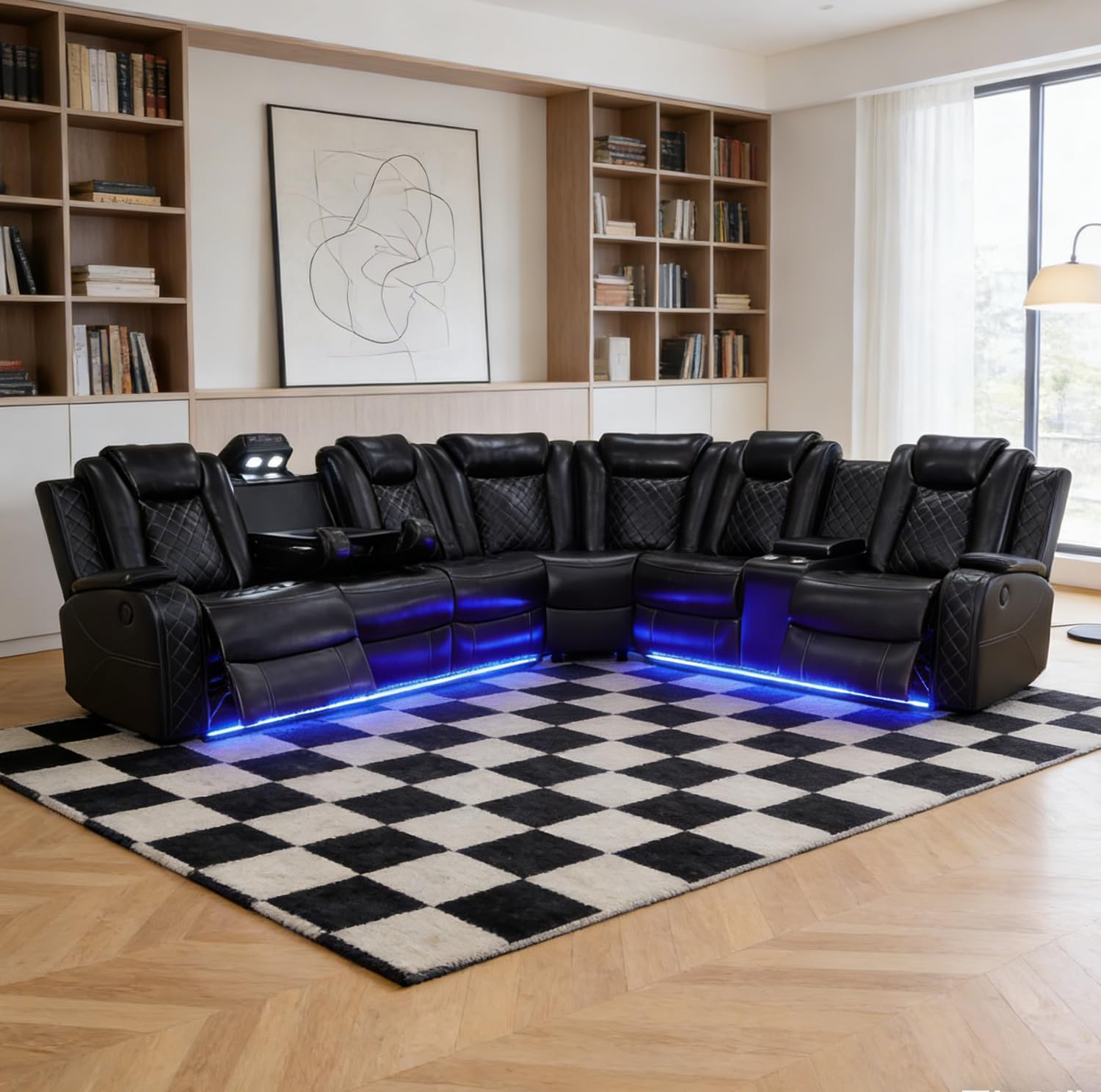 JBXBER Power Recliner Sectional Sofa Set, Black Leather Sectional Couch for Living Room, L Shape Reclining Sofa with Cup Holder, Hidden Storage,