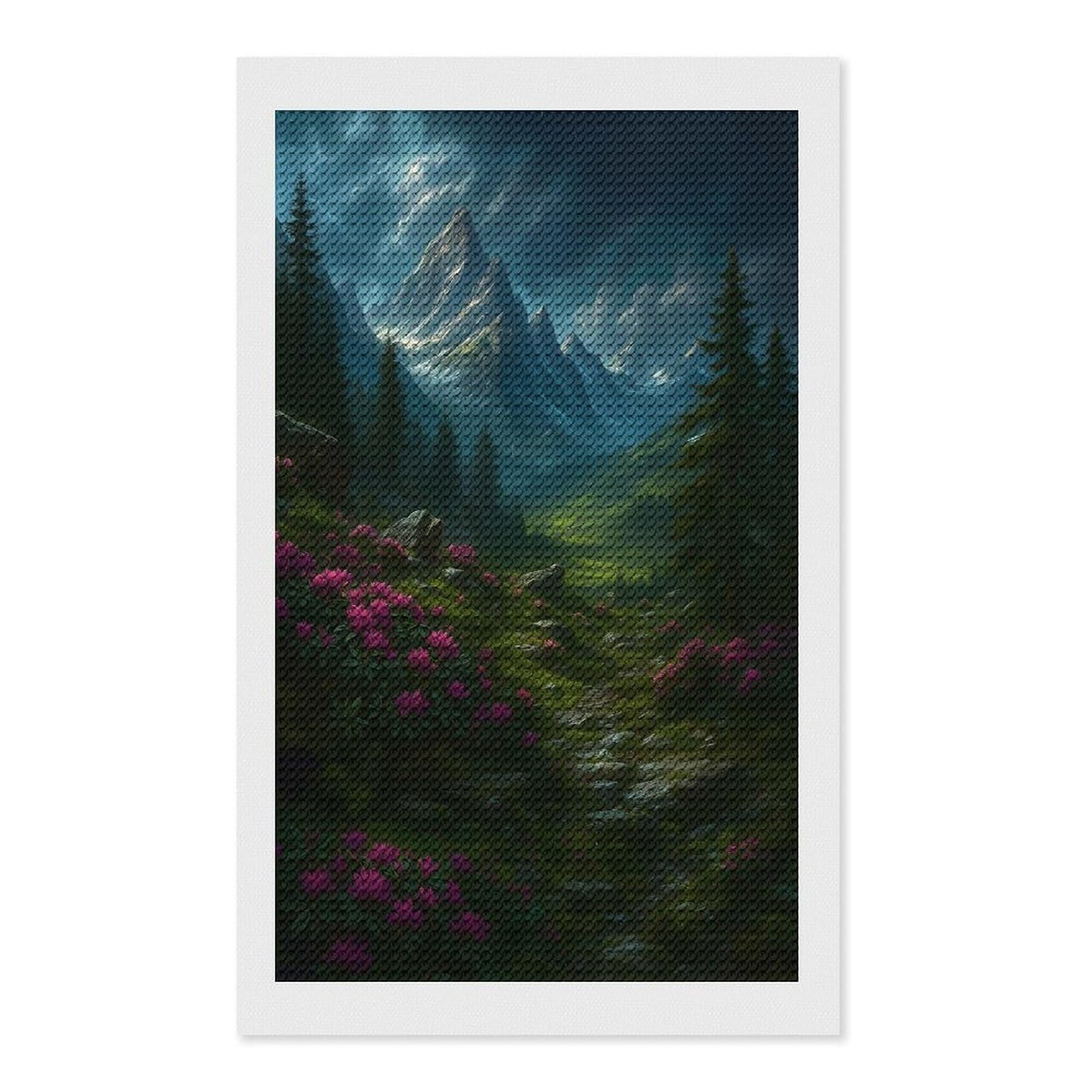 Junmoney Mountain Landscape with Flowers and Path Full Drill Diamond Painting Kit 12"x20", Sparkling Round Gems, Decorate Your Room, Mindful Craft Activity