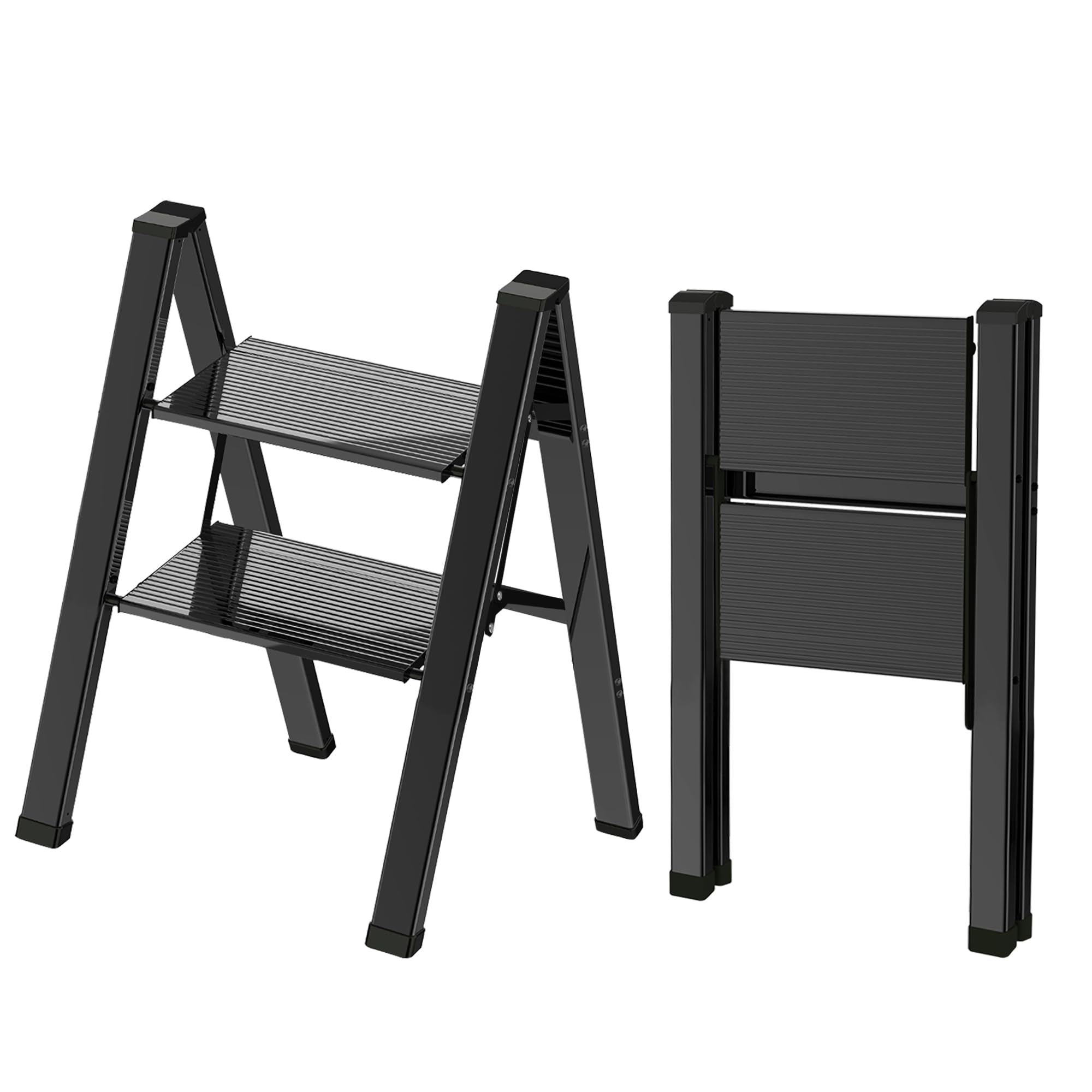 2 Step Lightweight Folding Ladder for Home, 330lbs Aluminum Step Ladder Anti-Slip for Kitchen, Step Stool Foldable Adults for Closet, 330lbs - Black-image-49