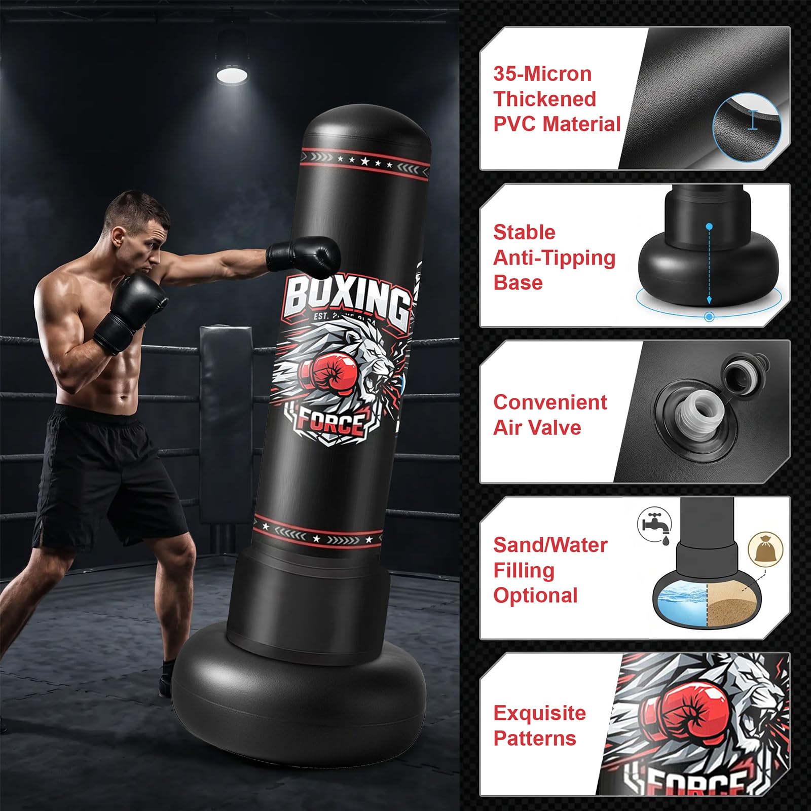 Qoosea Sacco da Boxe da Terra 190cm, Stabile Sacco da Boxe per Adulti Pungiball con Guantoni e Pompa, Sacchi da Box Gonfiabile per Pratica di TaekwondoKarate MMA Fitness