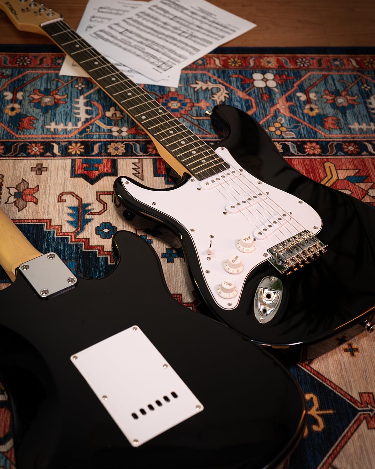 STRICH Electric Guitar Left Hand Beginner Kit, Solid Body 39" Electric Guitar SSS Pick Up for Starter, with 5W x 2 Amp, Bag, Tuner, Capo, Strap, String, Cable, Picks, SST-S10L Black