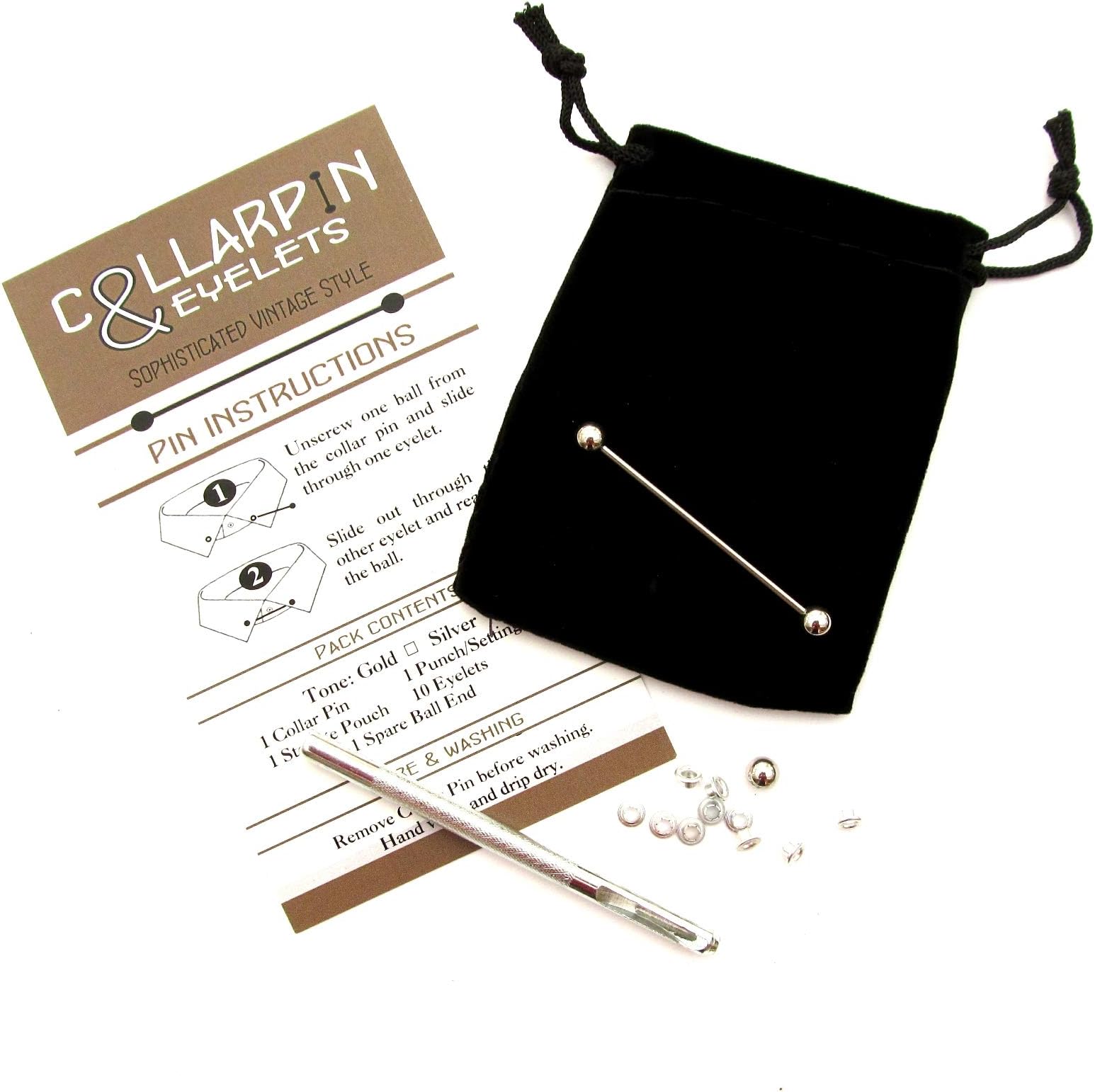 Silver Tone Collar Pin DIY Shirt Conversion Kit - Collar Bar Plus 10 Eyelets & Punch by CUK Designs