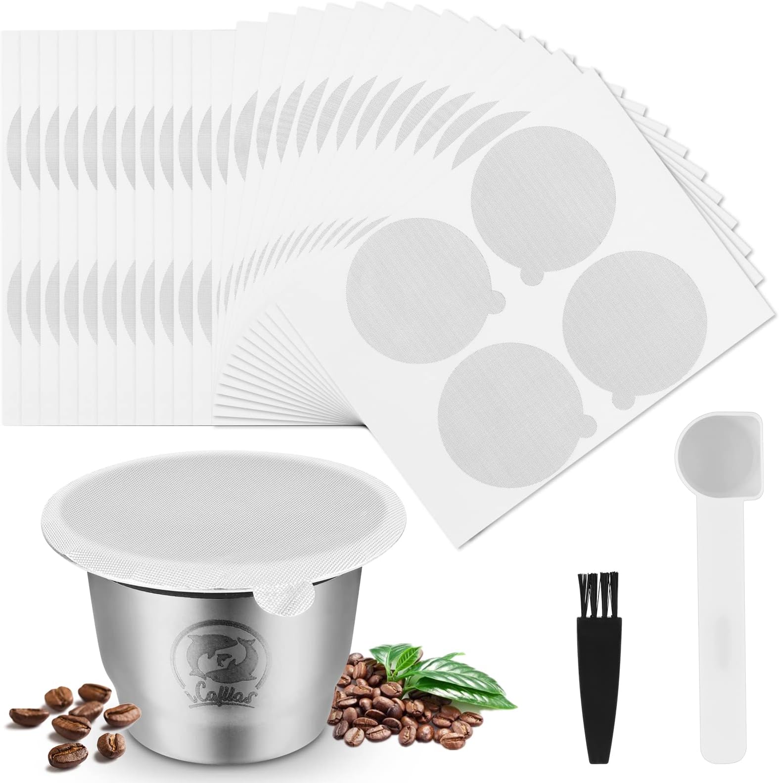 Abeillo Reusable Espresso Capsules - Refillable Coffee Pods, Stainless Steel Cups Filters and Aluminum Foil Seals Lids Compatible with Nespresso OriginalLine (1pod+50lids)