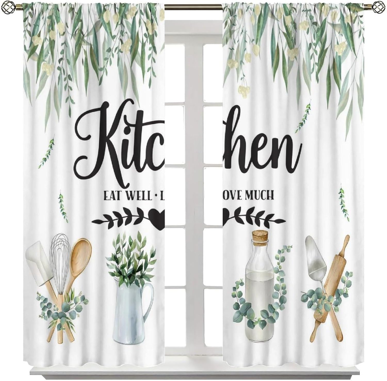 Rustic Eucalyptus Leaves Kitchen Curtains,Tableware Plants Country Wooden Board Farm Nature Blackout Rod Pocket Window Treatment for Cafe Restaurant Living Room Bedroom Home Drapes 52"W X 84"L