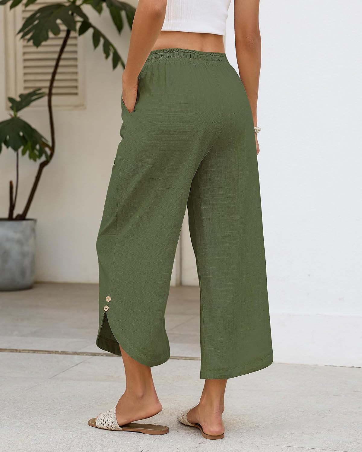 Bsubseach Womens Cotton Linen Pants Summer Capri Pants Comfy Cropped Lounge Pants with Drawstring Army Green XL