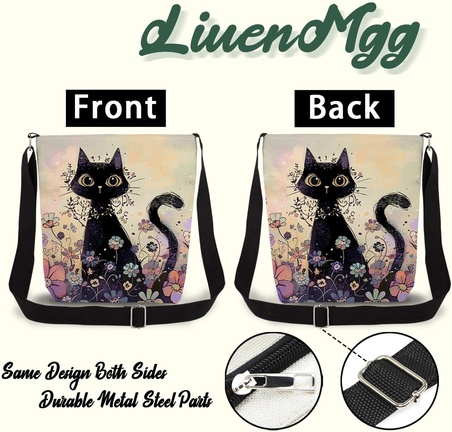 Floral Black Cat Print Canvas Crossbody Bag, Adjustable Strap Lightweight Purse with Top Zipper & Inner Pocket, Daily Shoulder Bag Gift for Women - Image 5