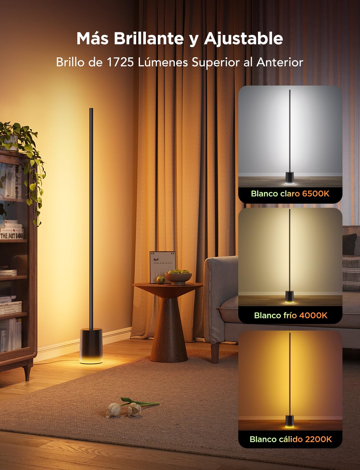 Govee RGBIC Lampara de Pie, Luces LED Compatible con Alexa y Matter, 152cm Luce Regulable 1725lm con Control Remoto y APP, Sinc Musica, 82 Modos de Escena, Lampara Salon, Dormitorio y Cama, Negro