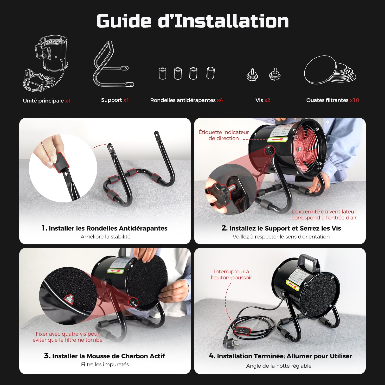 Hotte Aspirante Portable 40W 600m³/h Ventilateur d'Extraction -avec 10 Filtre Charbon Actif/ 120°Réglable/Silencieux/en Alliage Aluminium - pour Ventilation et Évacuation Air dans Cuisine/VR