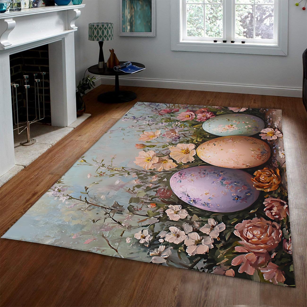 Dywan do ogrodu wiosennego z niskim sufitem, 160 x 200 cm, lawendowe, brzoskwiniowe i miętowe, pisanki osadzone w różach i stokrotkach na kwitnącej macie podłogowej łąk