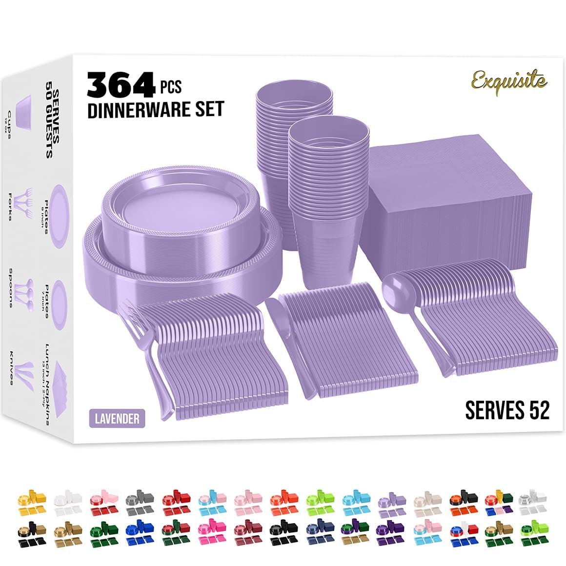 Exquisite 350 Pcs Lavender Plates and Napkins Party Supplies Plate Sets | Sturdy Plastic Dinnerware Set With 9" & 7" Plates, 12 Oz Cups, Lunch Napkins and Cutlery Serves 50 for Birthdays & Everyday