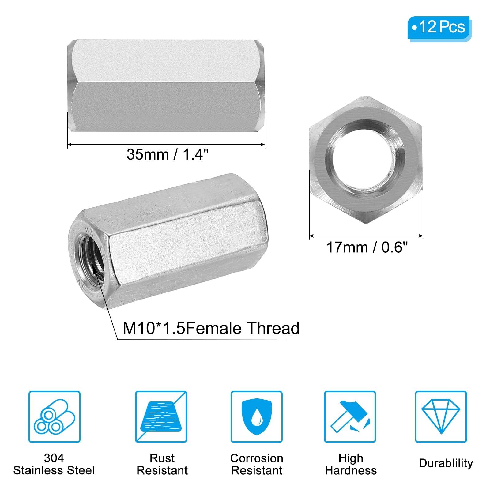 PATIKIL M10 x 1.5-Pitch 304 Stainless Steel Hex Coupling Nuts - Image 2