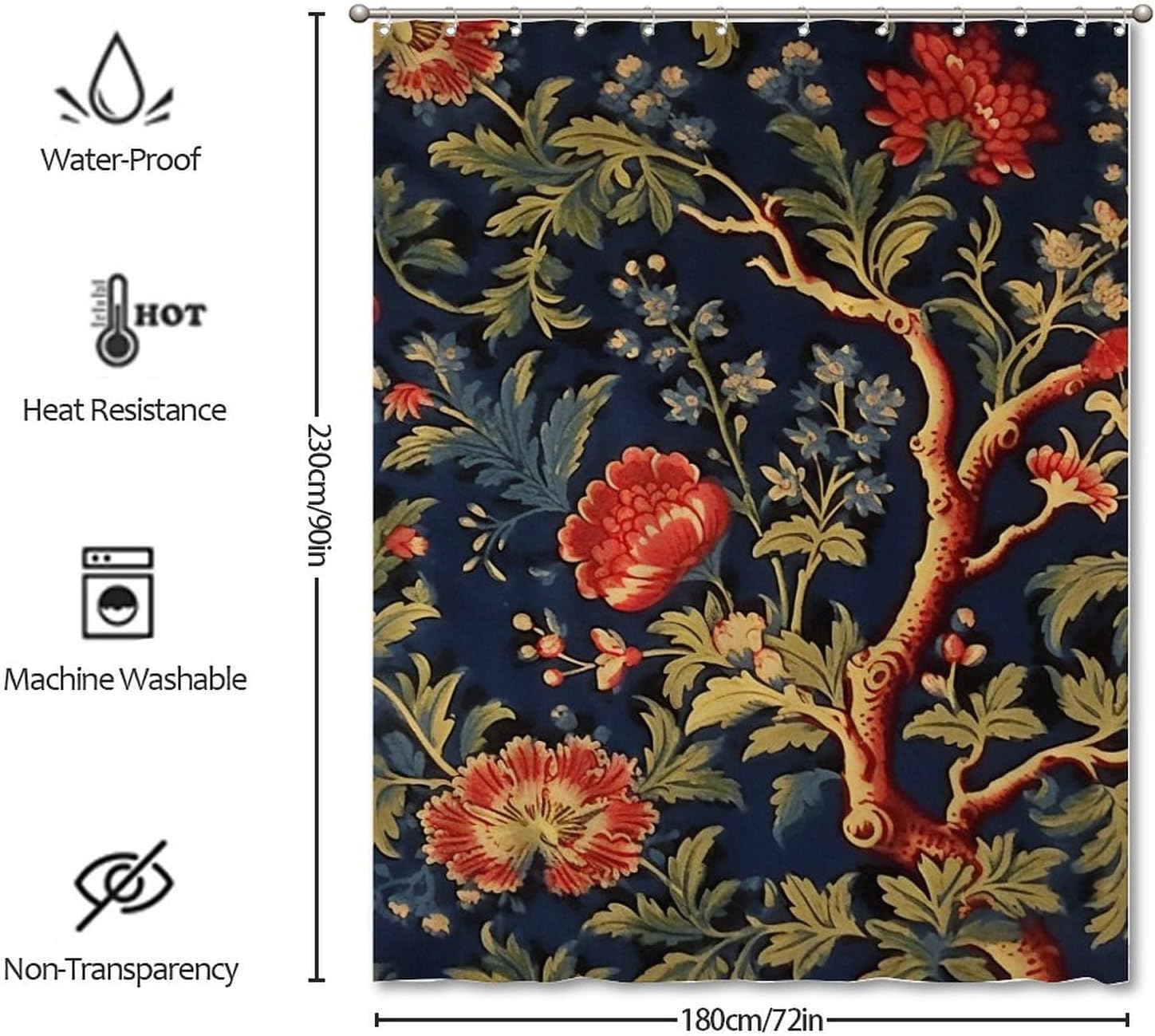 Chinoiserie Style Navy Blue Burgundy Gold Shower Curtains for Bathroom 72x90in Asian Floral Bathroom Curtains Boho Shower CurtainPolyester Fabric Shower Curtain Set with Hooks