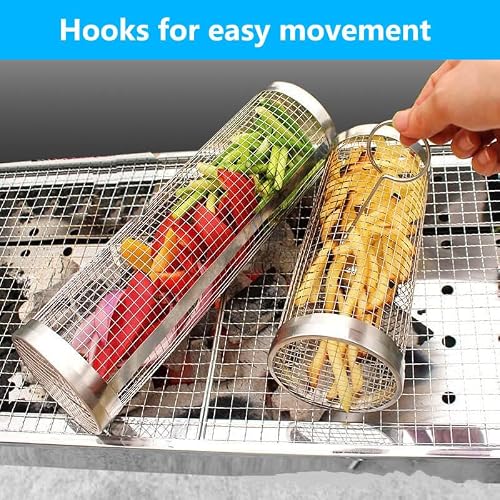 JIUBAR Rolling Grill Baskets for Outdoor Grilling - Round Grilling Accessories BBQ Large Vegetable Grill Cage Cylinder Stainless Steel Camping Grill for Meat Vegetables Shrimp