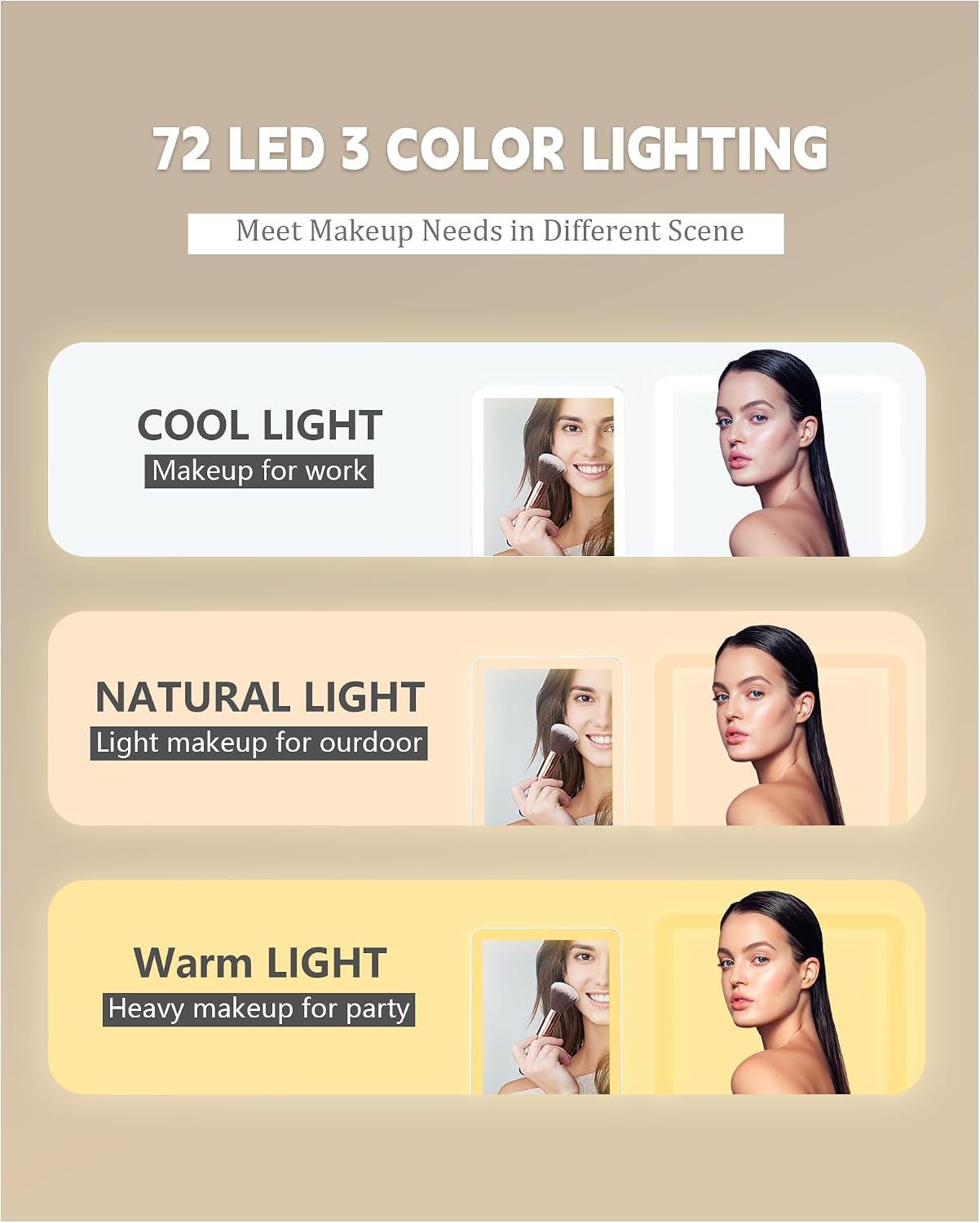 Travel Mirror with Lights Makeup Mirror Touch Screen 3 Colors Light 72 LEDs Rechargeable, 1000mHA 7.9x5.3-Inch Desk Compact Mirror White