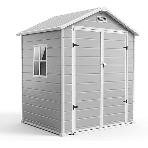 6x4 FT Outdoor Storage Shed with Floor, Plastic Resin Garden Shed with Window & Sloping Roof & Lockable Door for Patio Backyard Garden, Lawn Mower, Bike, Tool Storage