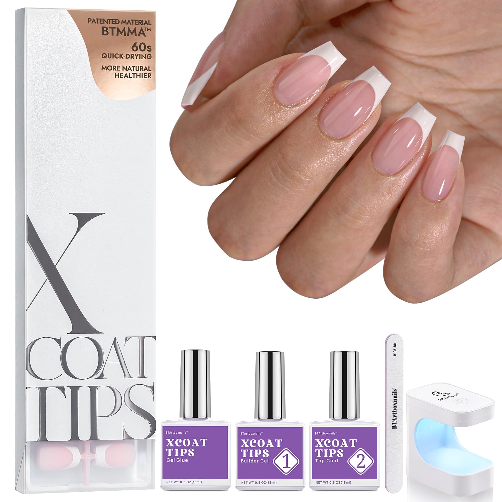 BTArtboxnails XCOATTIPS French Gel Nails - Short Coffin Nails Tips with Nail Gel, Nail Protecing Duo, Nail Lamp, All in One Soft Gel French Tip Press on Nails Gel Extension, Pink