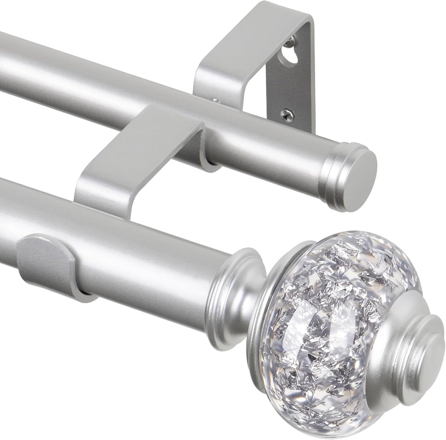 1 Inch Double Curtain Rods 36 to 72 Inches (3 to 6 ft), USFOOK Single Drapery Rods for Windows 24 to 68 Inches, Telescoping Dual Curtain Rod with Silver Translucent Finials