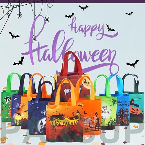 Miniatura 6 de PARSUP 20 bolsas de Halloween para dulce o truco, bolsas de Halloween con asas, bolsas de regalo, bolsas de Halloween multifuncionales no tejidas