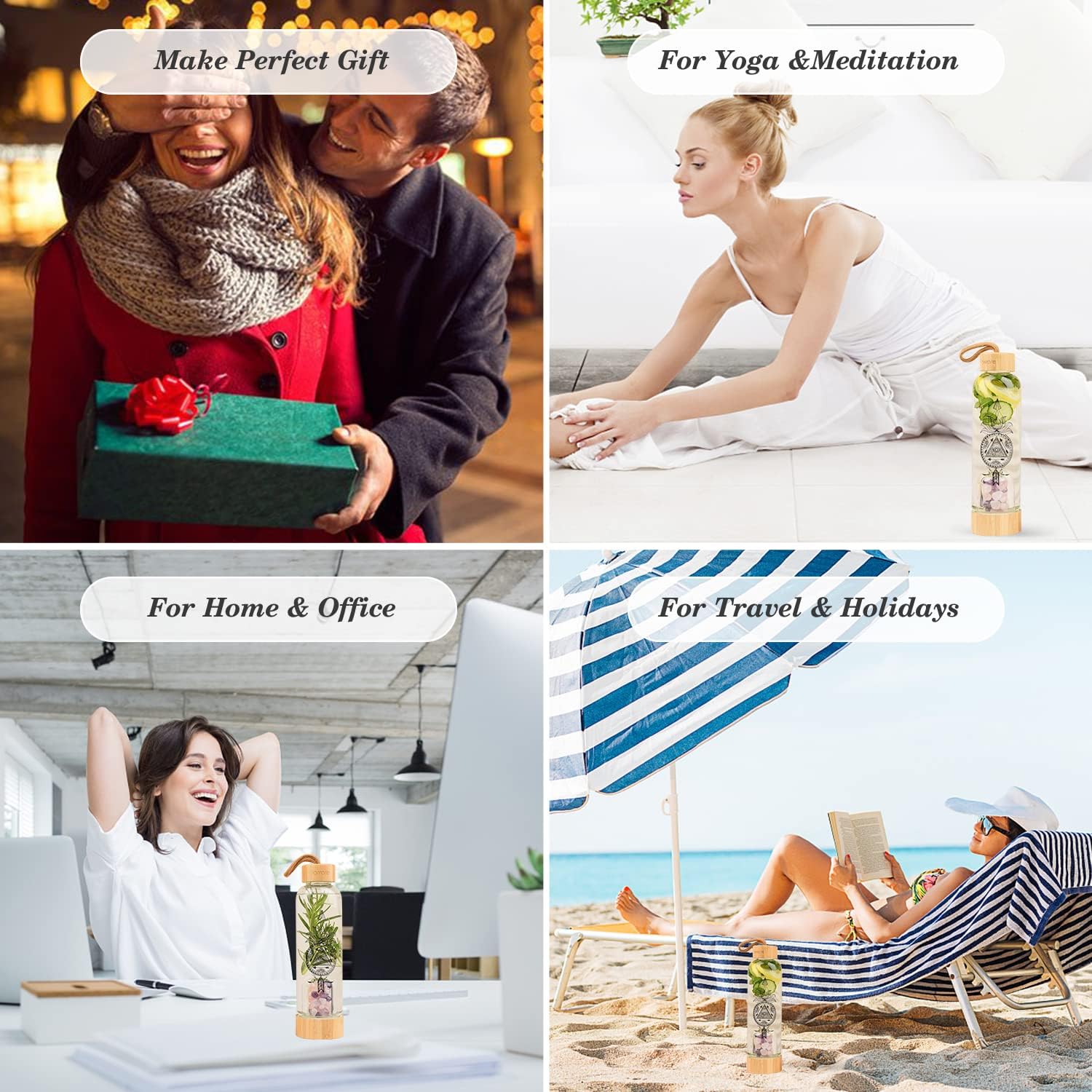 Crystal Water Bottle with Gem Pod 3 Changeable Healing Crystals Inside Amethyst, Rose Quartz, Clear Quartz | Sleeve with Opening, Sacred Boho Deisign, 19oz