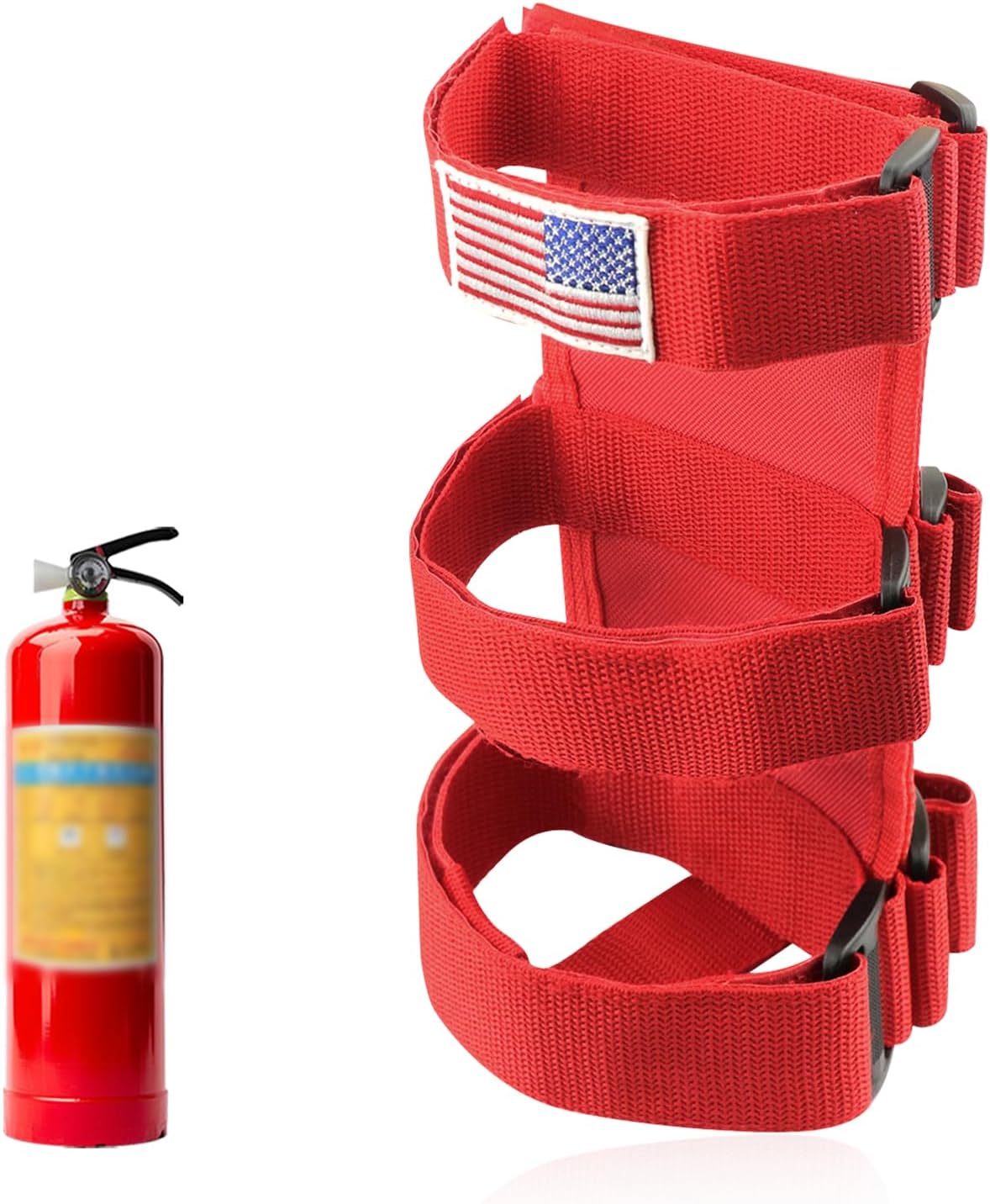 Fire Extinguisher Holder, Adjustable Roll Bar Extinguisher Mount Strap with American Flag Pattern, Padded Roll Bar Strap Brackets Mount for 2.5-3LB Fire Extinguishers (Black)