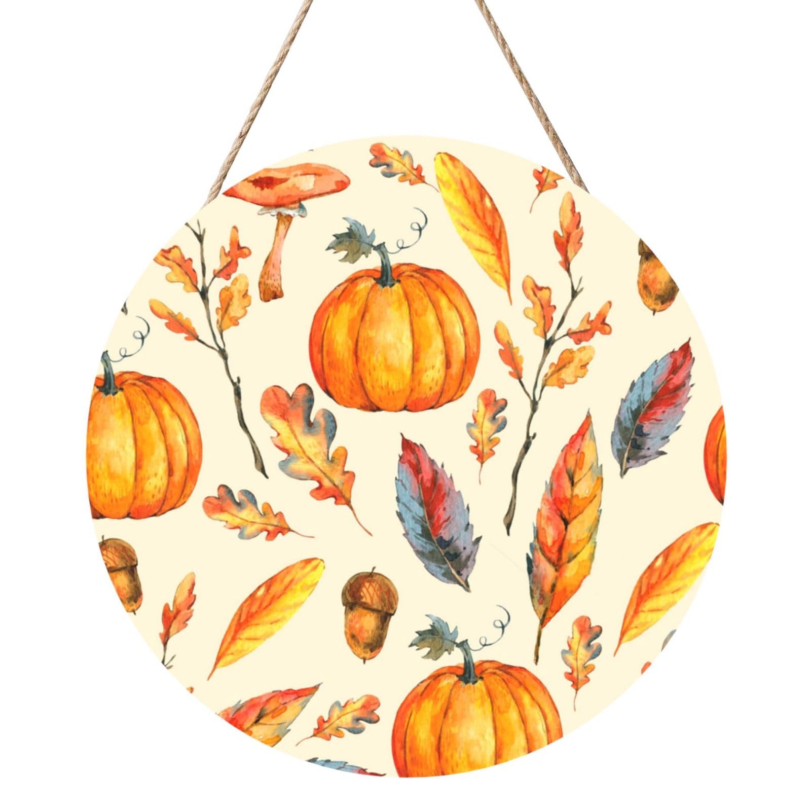 InOmak Watercolor Pumpkins Leaves Mushrooms, Round Wood Panel Painting 12 in, Wall Hanging Painting For Home