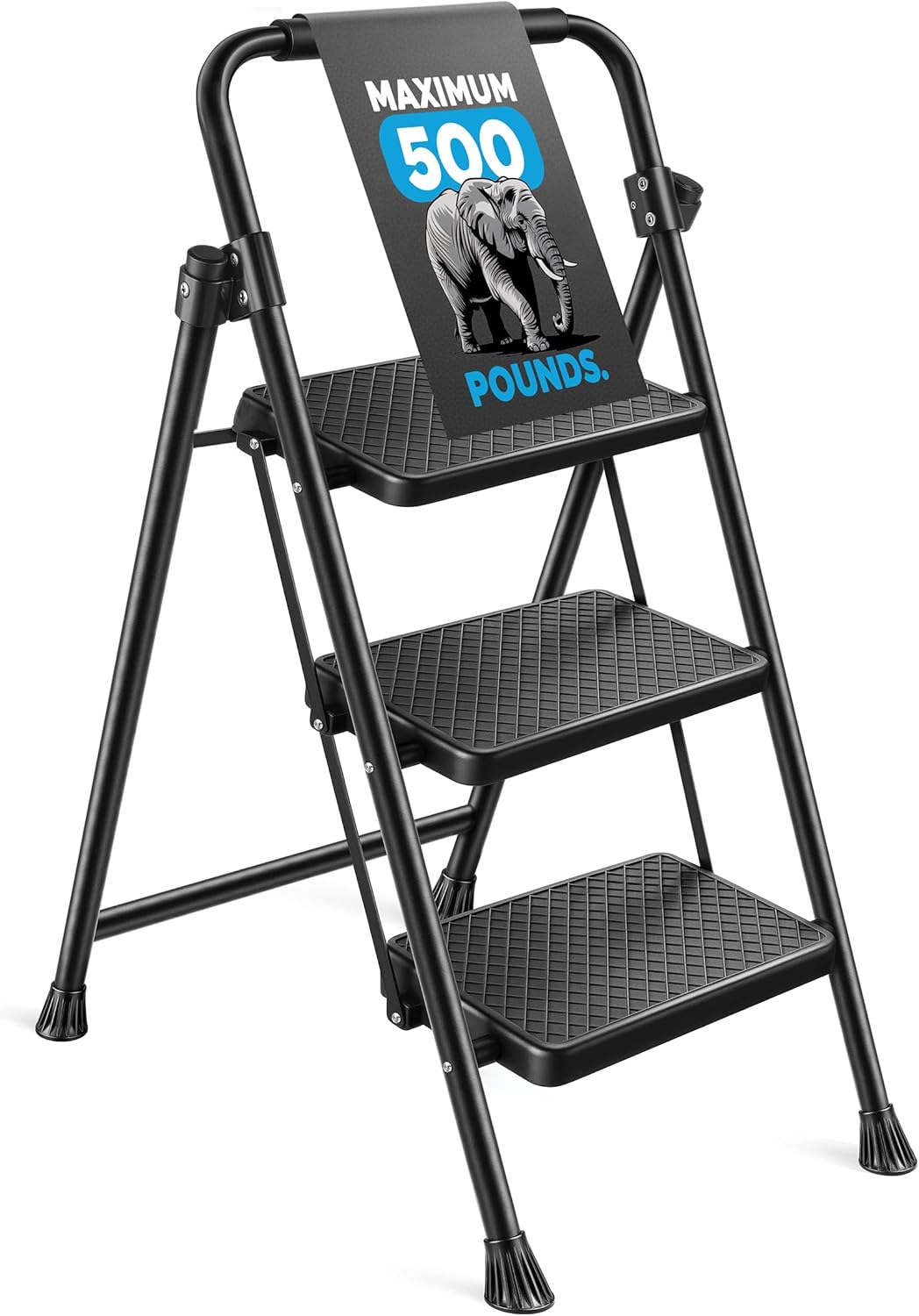 MedicalKing 3 Step Folding Ladder - Heavy Duty Steel Step Stool with Wide Anti-Slip Pedals, 500 lbs Capacity, Portable for Adults Home Office