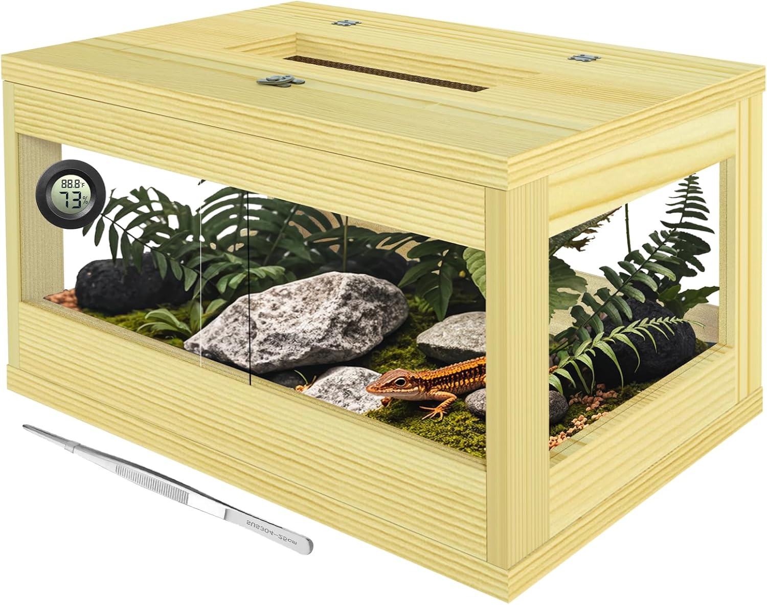 10 Gallon Reptile Tank, Solid Wood Bearded Dragon Tank, Front Opening Snake Enclosure, Lockable Sliding Doors, Small Reptile Terrarium for Lizard, Leopard Gecko, 20″ x 12″ x 10″