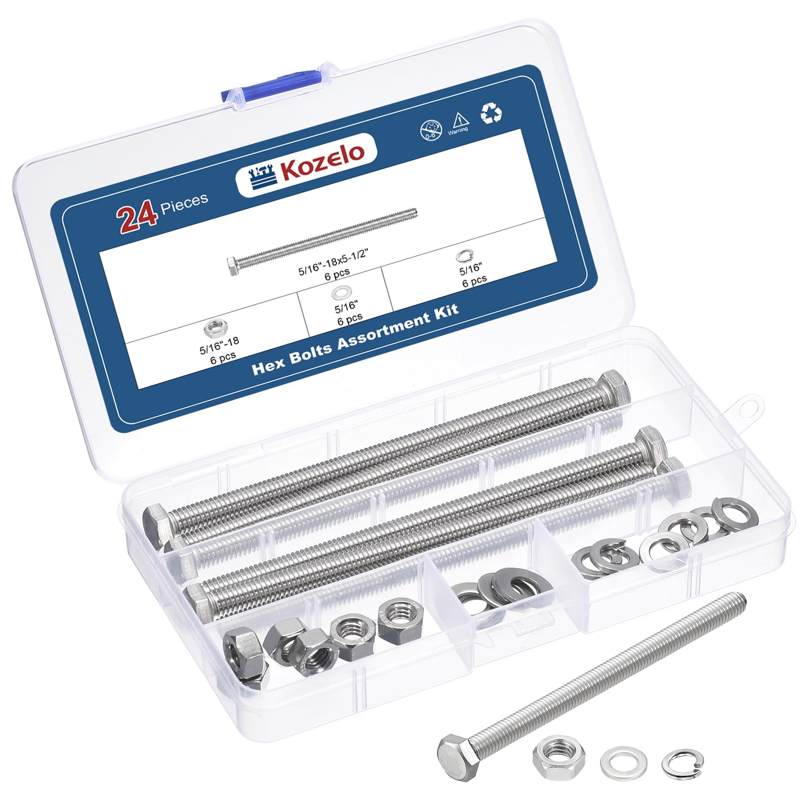Kozelo 24 Pcs Bolts and Nuts Washers Kit - [5/16"-18x5-1/2"] 304 Stainless Steel Hex Tap Bolt Assortment Fully Threaded Hexagon Head Machine Bolts Right Hand, Silver Tone — image 1