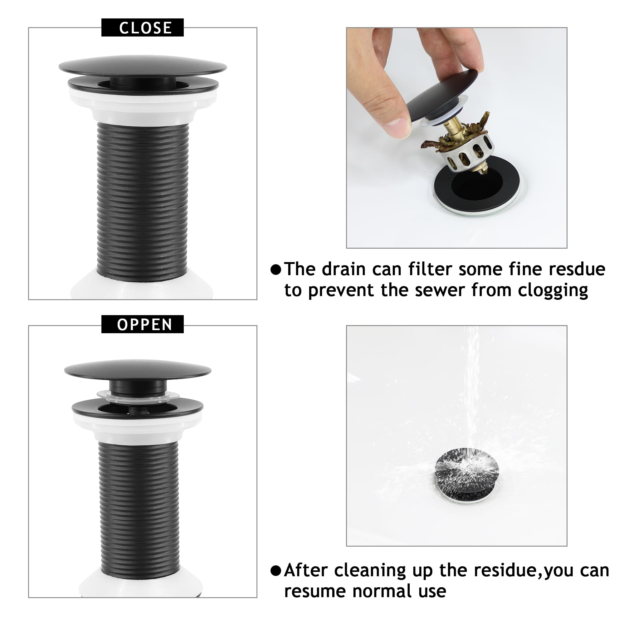 Juego de 4 tapones de drenaje sin desbordamiento, conjunto de drenaje desplegable con cesta de colador desmontable, antiobstrucción integrada, tuerca de acero inoxidable mate negro