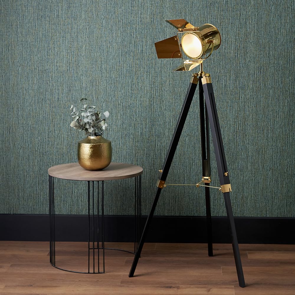 Ruma Gold Retro Industrial Film Tripod Floor Lamp Grey Metal Wooden Base In
