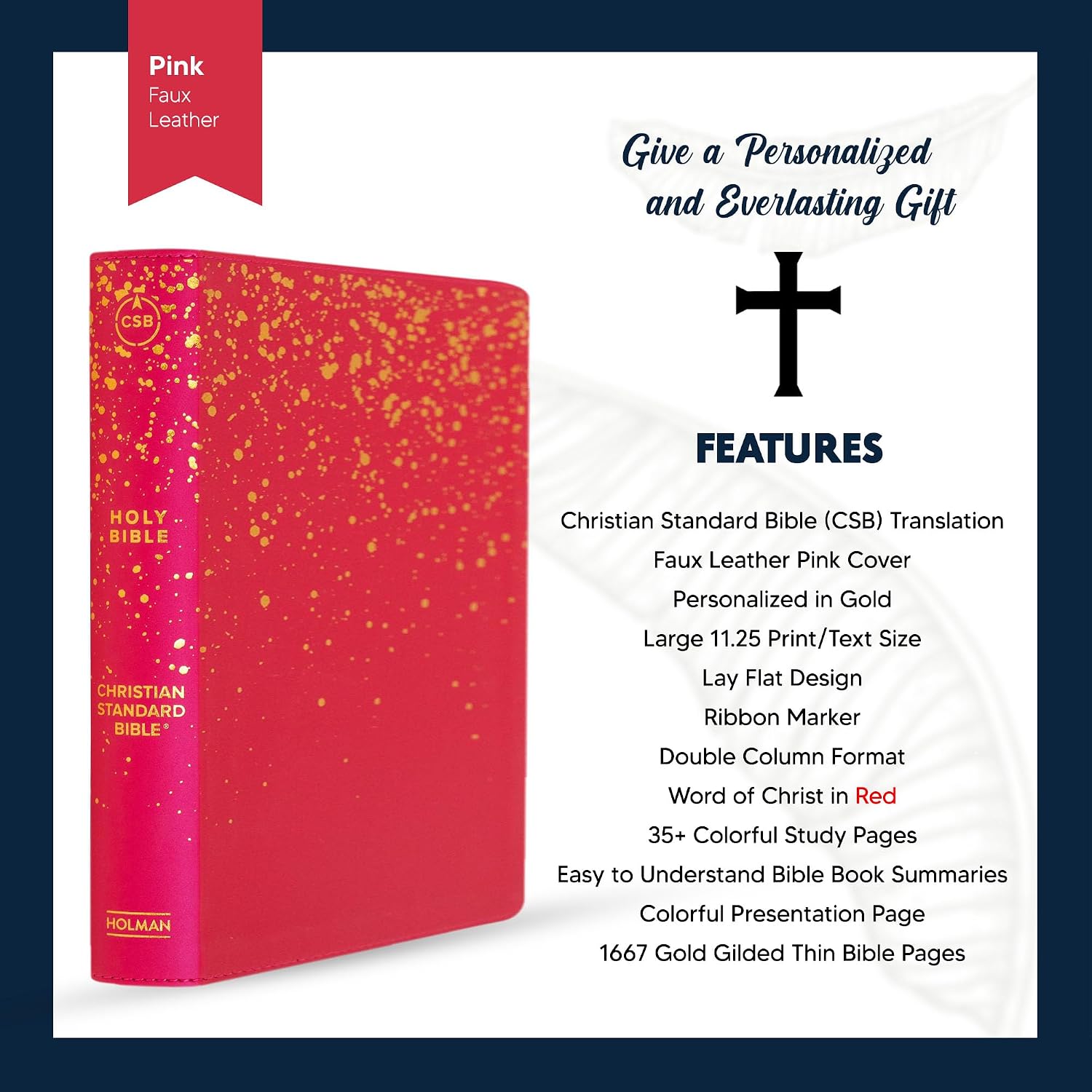 Custom Personalized Pink CSB Girls Holy Bible | 11.25pt Large Text | Gold Foil Name Imprint | Faux Leather Cover with Gold Speckles | Christian Standard Bible for Girls