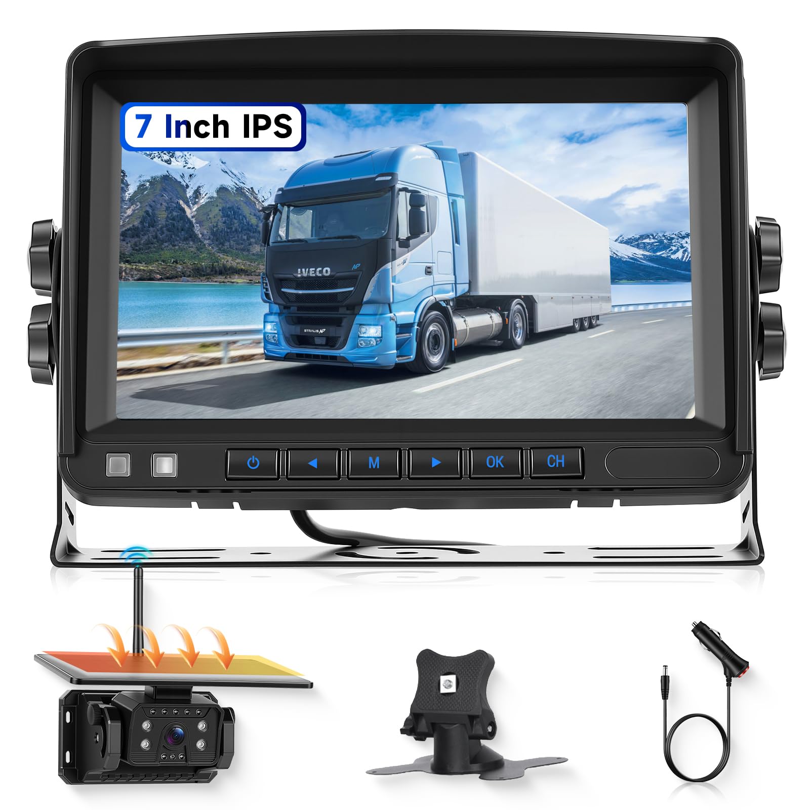 VECHTEL Monitor Retromarcia Wireless 7'' IPS HD, Telecamera Solare Senza Fili 10000mAh Magnetica IP69, Visione Notturna, Linee Guida Parcheggio Intelligenti, Compatibile 12V-36V per Auto Camion SUV