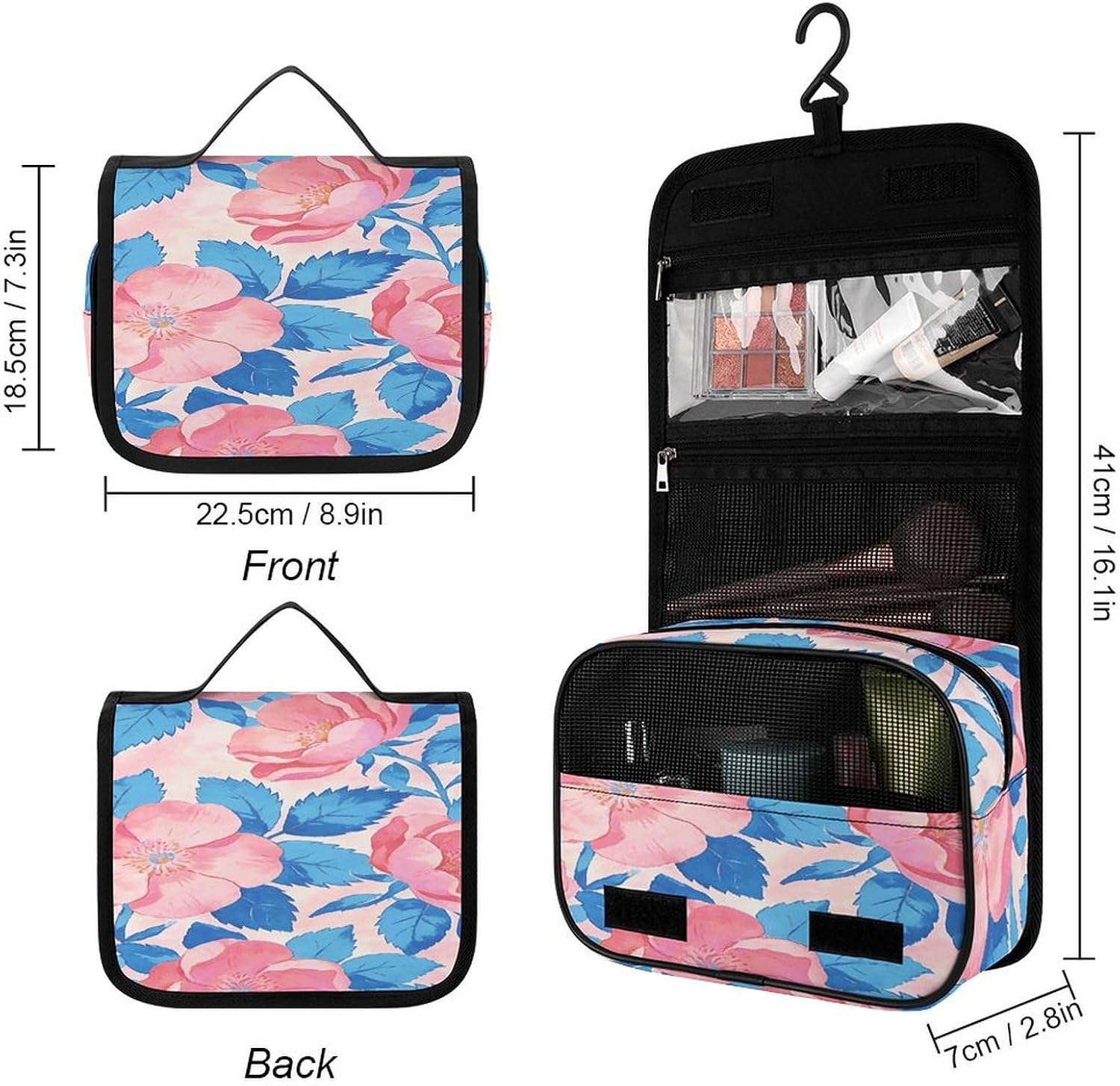 Colorful Pattern Pink And Blue Toiletry Bag Portable Hanging Cosmetic Bag Large Capacity Travel Makeup Bags for Bathroom image 2