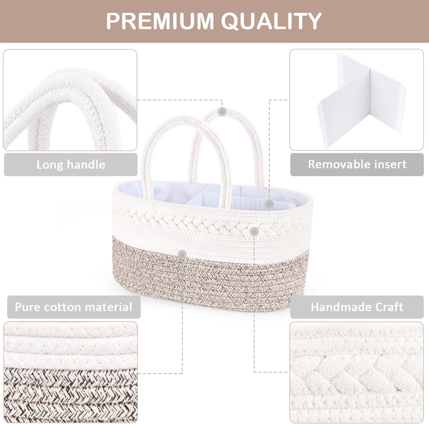 ABenkle X-Large Diaper Caddy Organizer, Boho Rustic Cotton Rope Nursery Baby Basket, Changing Table Organizer for Baby Diaper Storage and Baby Shower