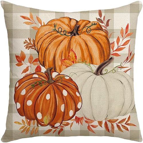 Miniatura 4 de Fundas de almohada de otoño con diseño de calabaza y hojas de arce naranja para el hogar, 18 x 18 pulgadas, decoraciones de agradecimiento bendecido