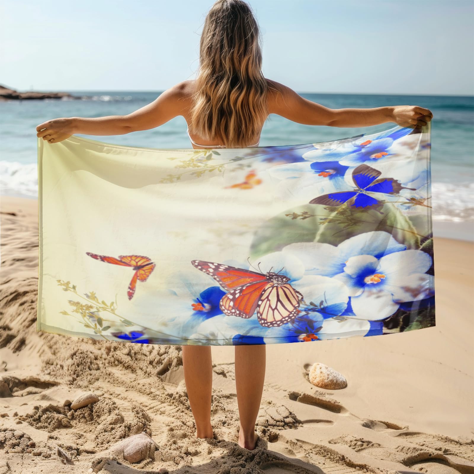Serviette de Plage Papillon Bleu Royal Serviette de Bain Sport Piscine Toilette Microfibre Piscine Anti Sable Drap de Plage Bain xxl Ultraléger Portable Towel Absorbant Séchage Rapide 200x220cm