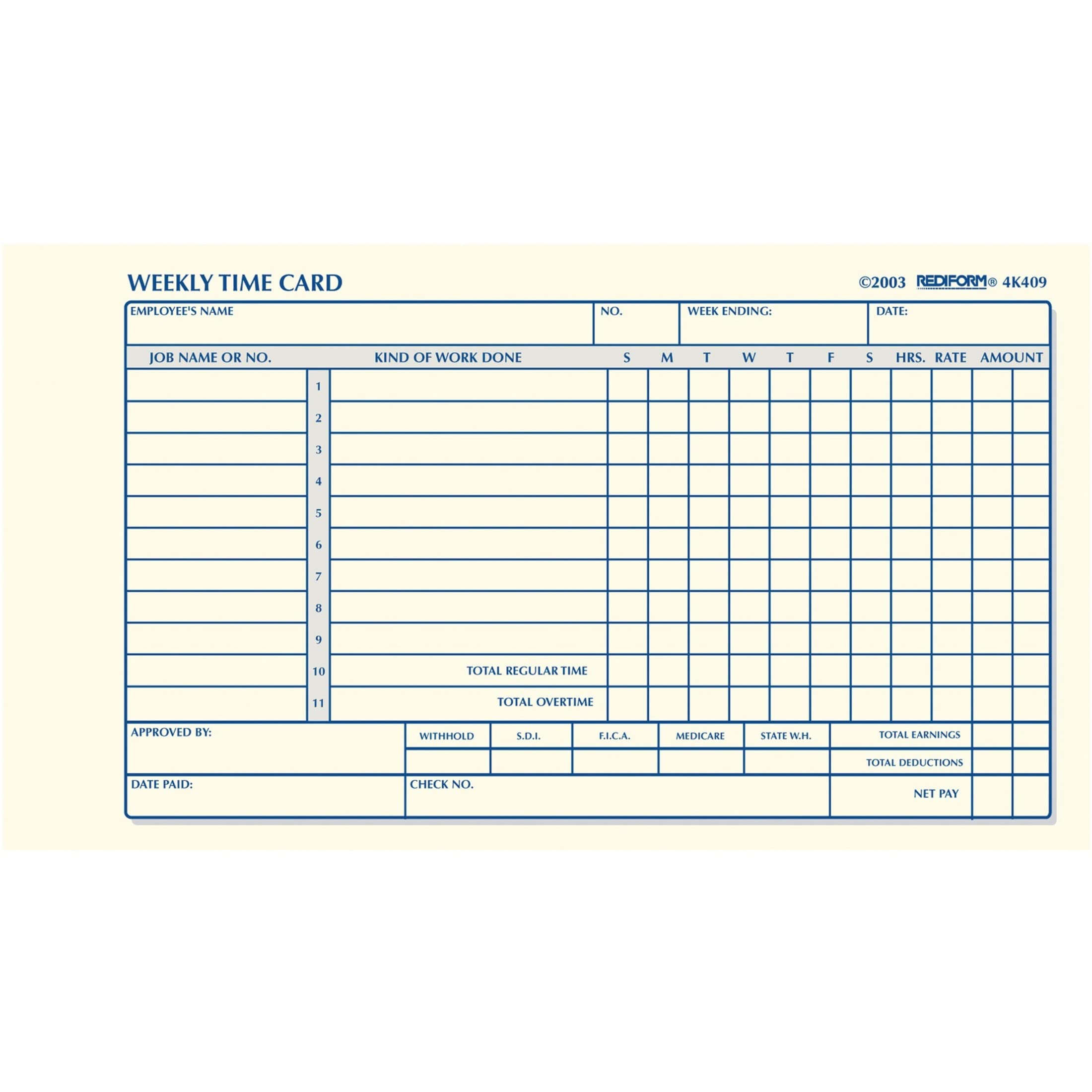 Rediform Employee Time Card, Weekly, Green Eye-Ease Paper, 4.25" x 7", 100 Cards Per Pad (4K409)
