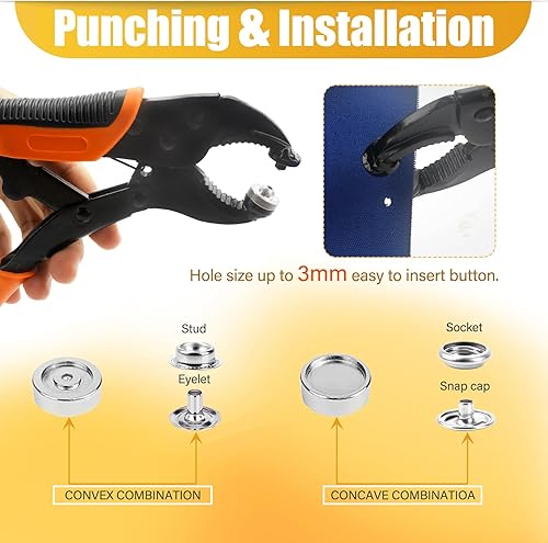 Miniatura 4 de NVAAV Juego de 60 herramientas de cierre a presión, botones de metal de 0.59 pulgadas + alicates resistentes para cuero, broches de cubierta de