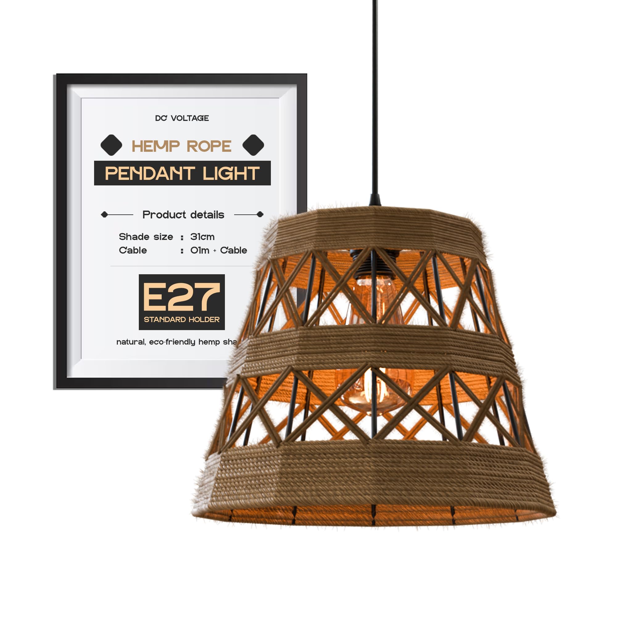 DC VOLTAGE Retro Style Hemp Black Metal Ceiling Light Shade | Pendant Lights, Home Décor & Improvement Essential | 31cm Shade Width — image 1