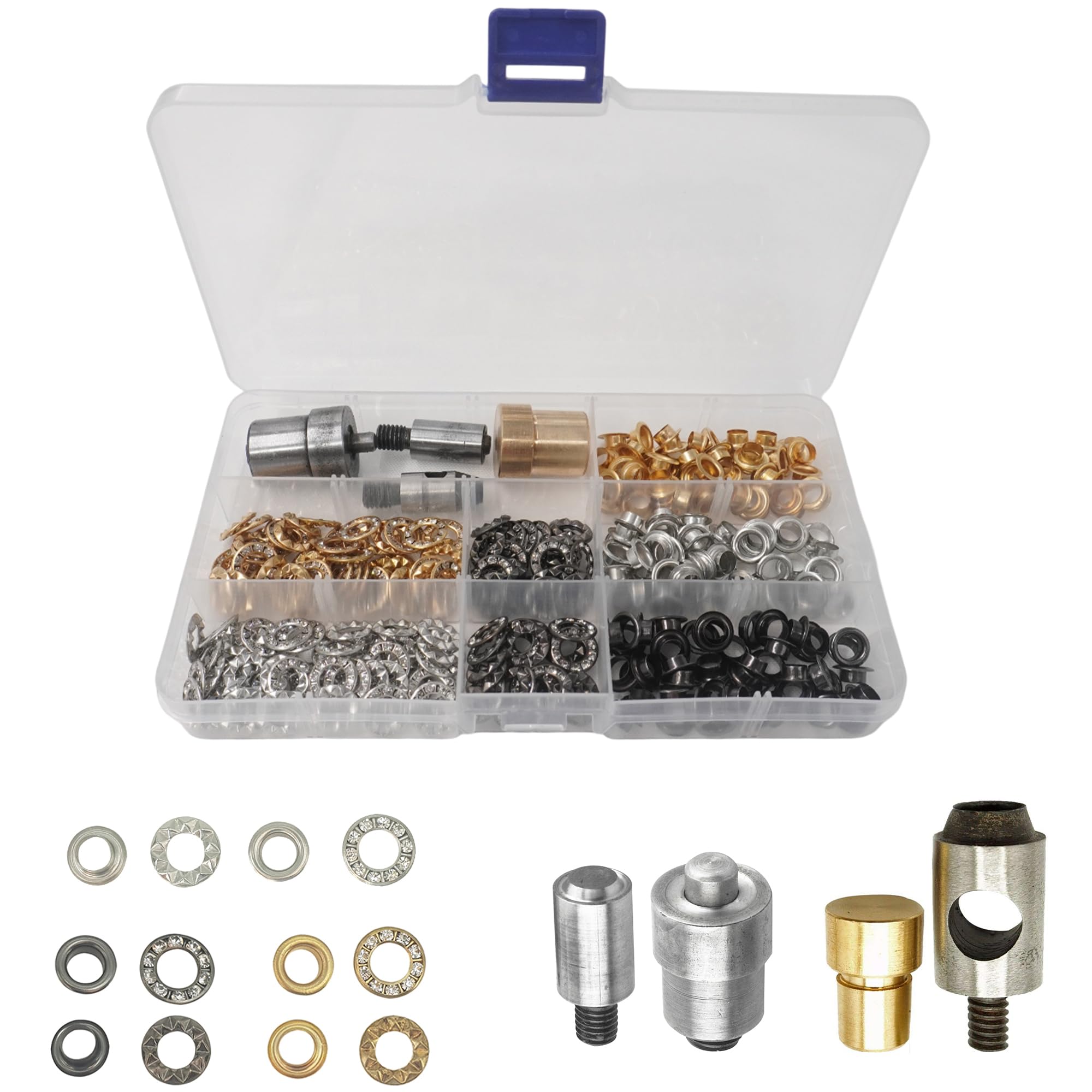 Event Decor Shop Occhielli per pelle, set di occhielli e fustelle da 6 mm, 150 pezzi, oro, argento, canna di fucile, occhielli con strumenti di fissaggio per macchine verdi, borse, abbigliamento, fai
