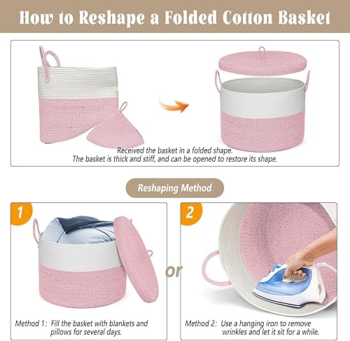 Miniatura 21 de Cestas de almacenamiento extra grandes de 21 x 18 pulgadas, cestas de cuerda ecológicas con tapa, cesta de manta para sala de estar con tapa, cestas