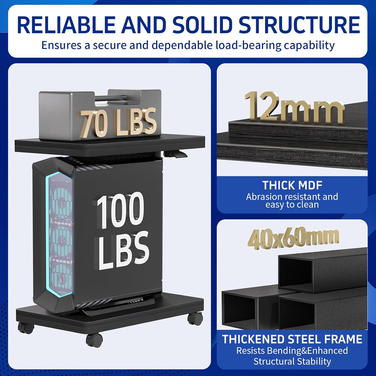 Height Adjustable Computer Tower Stand, 2-Tier CPU Holder Cart Under Desk, PC Floor Stand for Office Gaming，black