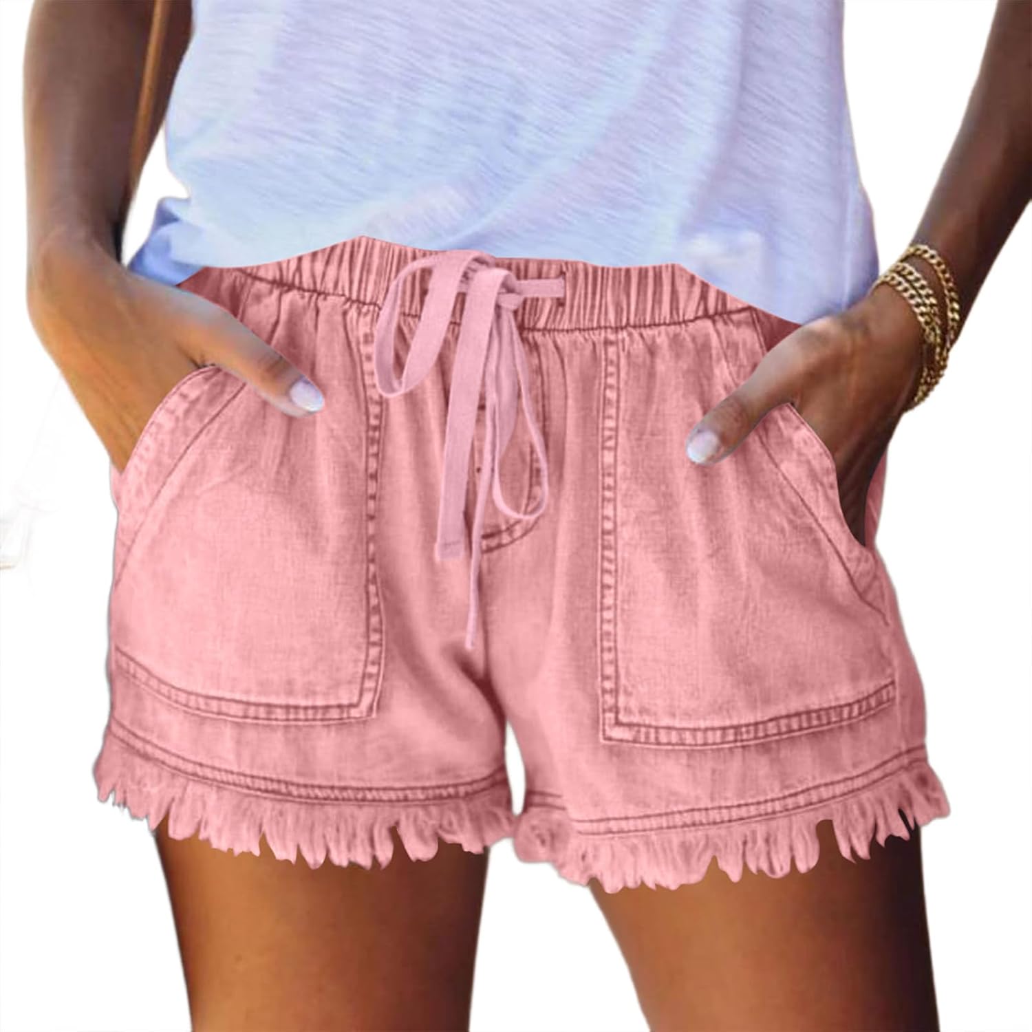Jean Shorts Womens High Waisted Denim Shorts Tassel Hem Summer 5 Inch Jeans Short with Pockets Drawstring Casual Short Jeans