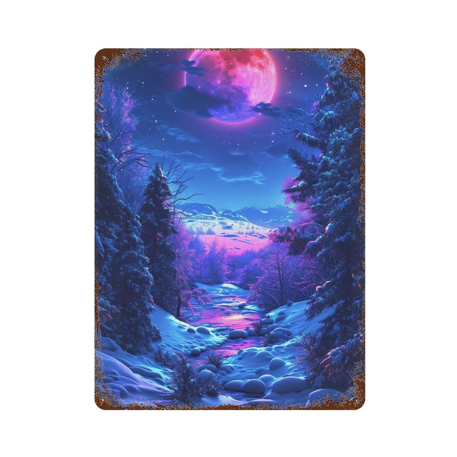 Rusty Metal Tin Sign with Winter Moonlit Forest Design 15.7"x11.8", for Shed, Workshop And Garage Wall Decor, Classic Wall Plaque
