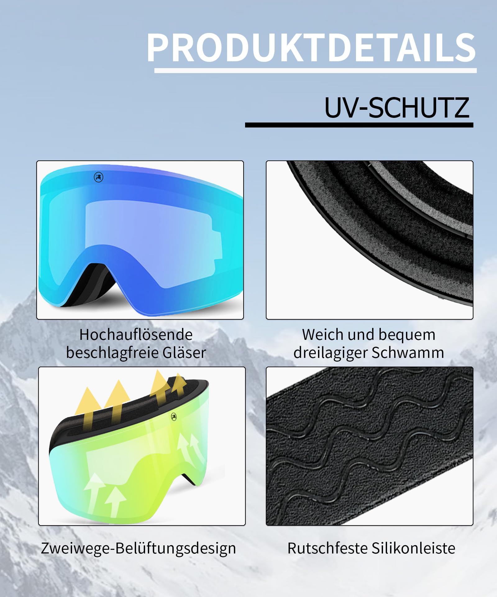 Fotochromowe gogle narciarskie dla mężczyzn i kobiet, bez ramek, samonastawne, snowboardowe, dla osób noszących okulary, ochrona przed zaparowaniem, ochrona przed promieniowaniem UV,
