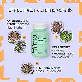Hilma Natural Gas and Bloating Relief for Women, Doctor Formulated with Organic Ingredients, Lemon Balm, Fennel and Peppermint Leaf, 50 Vegan Capsules