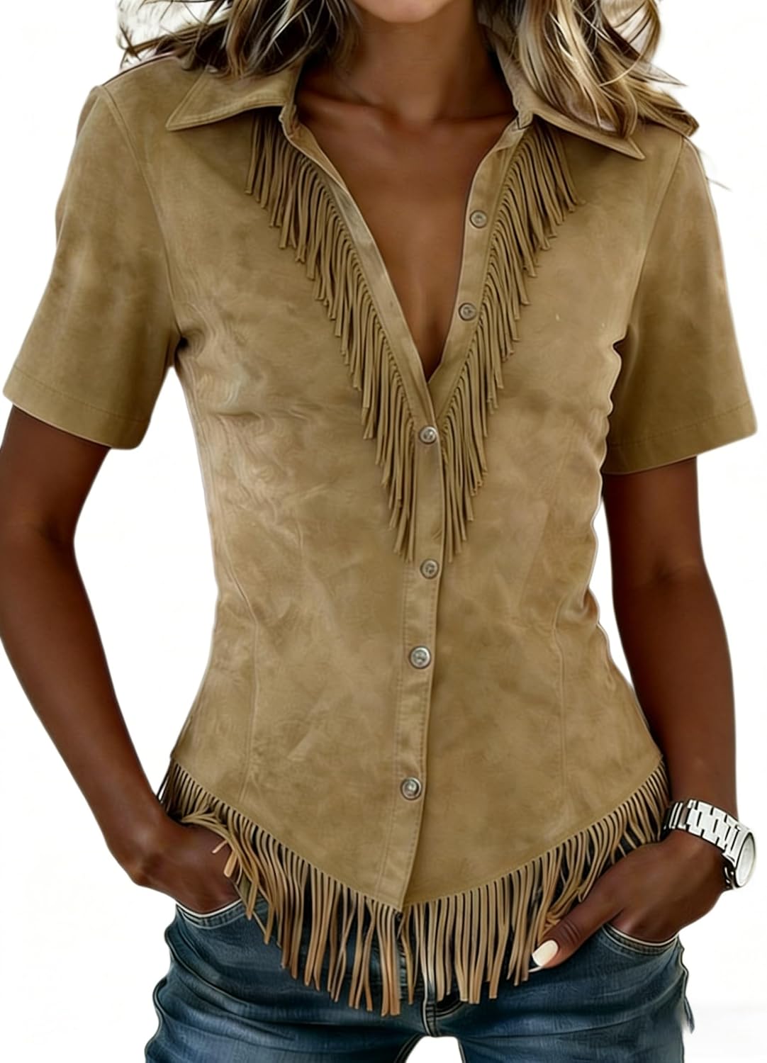 Chvity Women's Western Cowgirl Suede Shirts Vintage Short Sleeve Button Down Slim Fit Fringe Tops Blouse