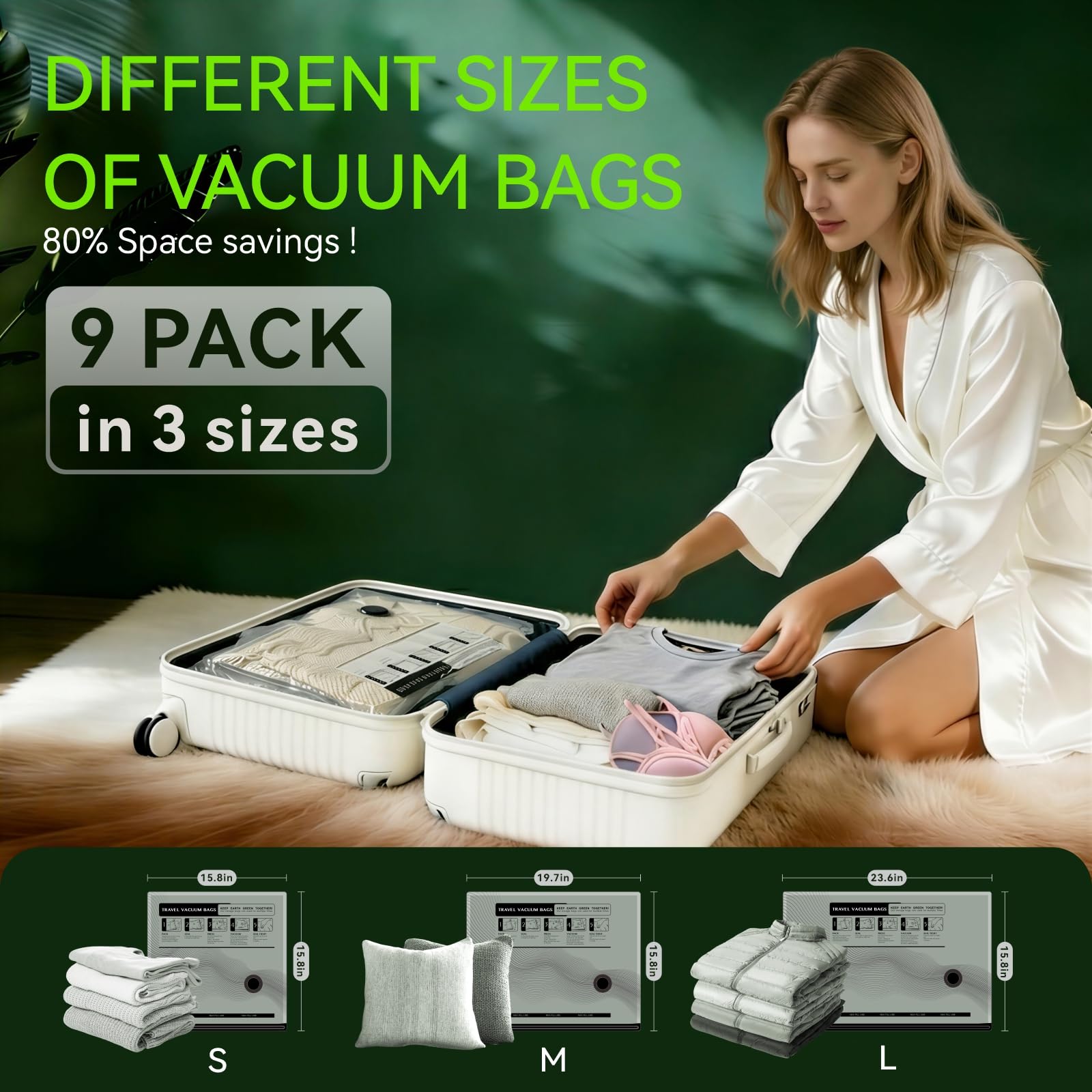 Bolsas de vacío para viajes, bomba eléctrica USB, paquete de 9 bolsas de sellado al vacío de tamaño de mano para ropa, bolsas de almacenamiento al vacío que ahorran espacio para equipaje