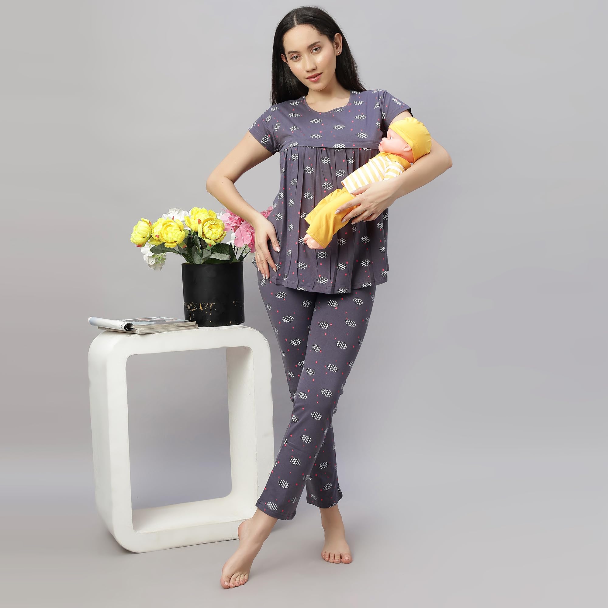 DZZO New Women's Cotton Printed Maternity Night Suit | Comfortable Feeding Night Dress | Soft & Breathable Nursing Pajama Set | Color - Grey, Size - M - Image 6 thumbnail